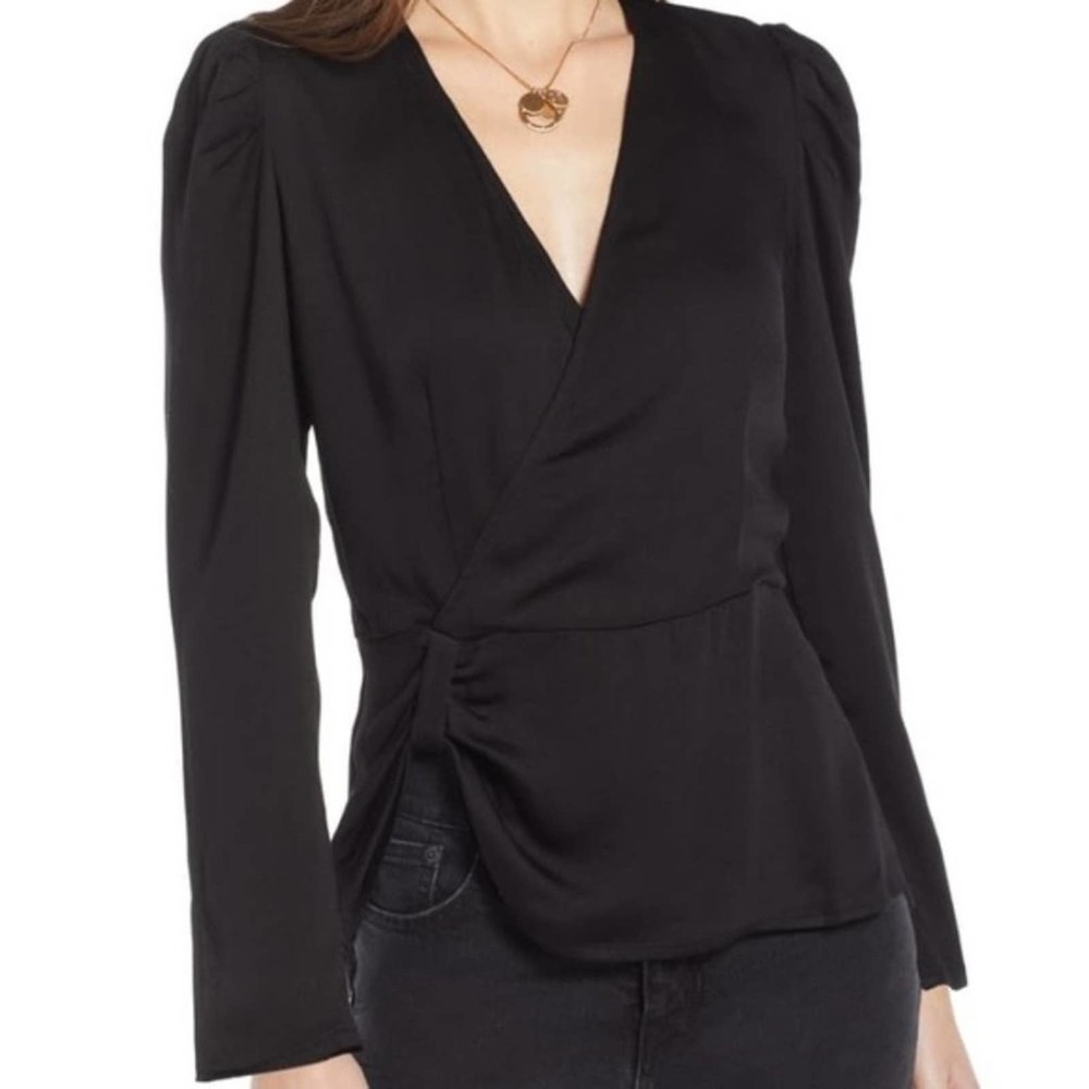 SOMETHING NAVY Black Faux Wrap Blouse XS Peplum